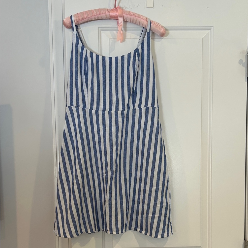 Old Navy Blue White Striped Linen Mini Dress NWT Fit & Flare Smocked Back $10
